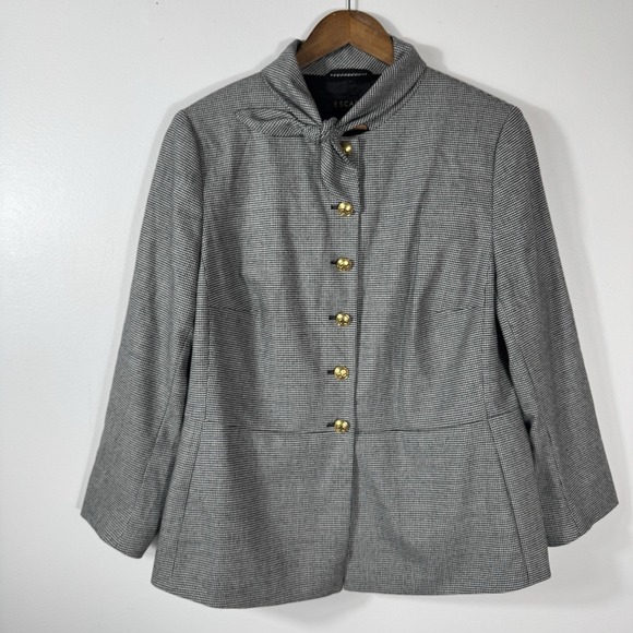 Escada Blazer Black White Heringbone Women's 46 Tie Neck Wool Jacket Gold Button - Picture 1 of 11